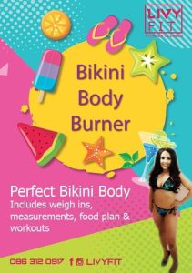 8 week Bikini Body Burner Programme commencing 17th of April 2023. 8 weeks €140 in total includes 3 classes per week Weigh ins Measurements Easy to follow Food plan Plus before and after pics optional Get in great Shape this summer Best version of you with the Livyfit Crew 